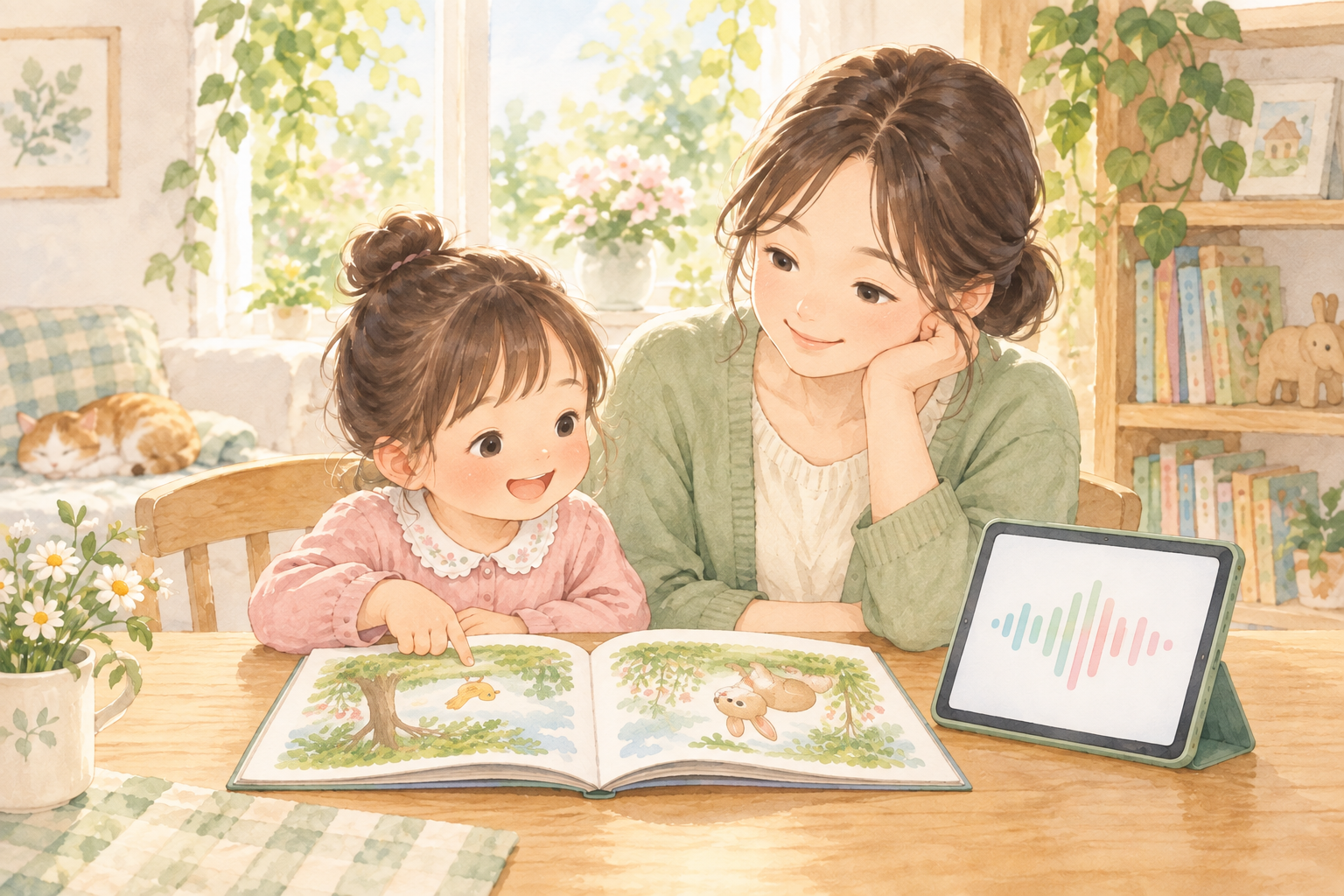 親子が自分たちに向いた絵本を眺めてお話を聞くイラスト
