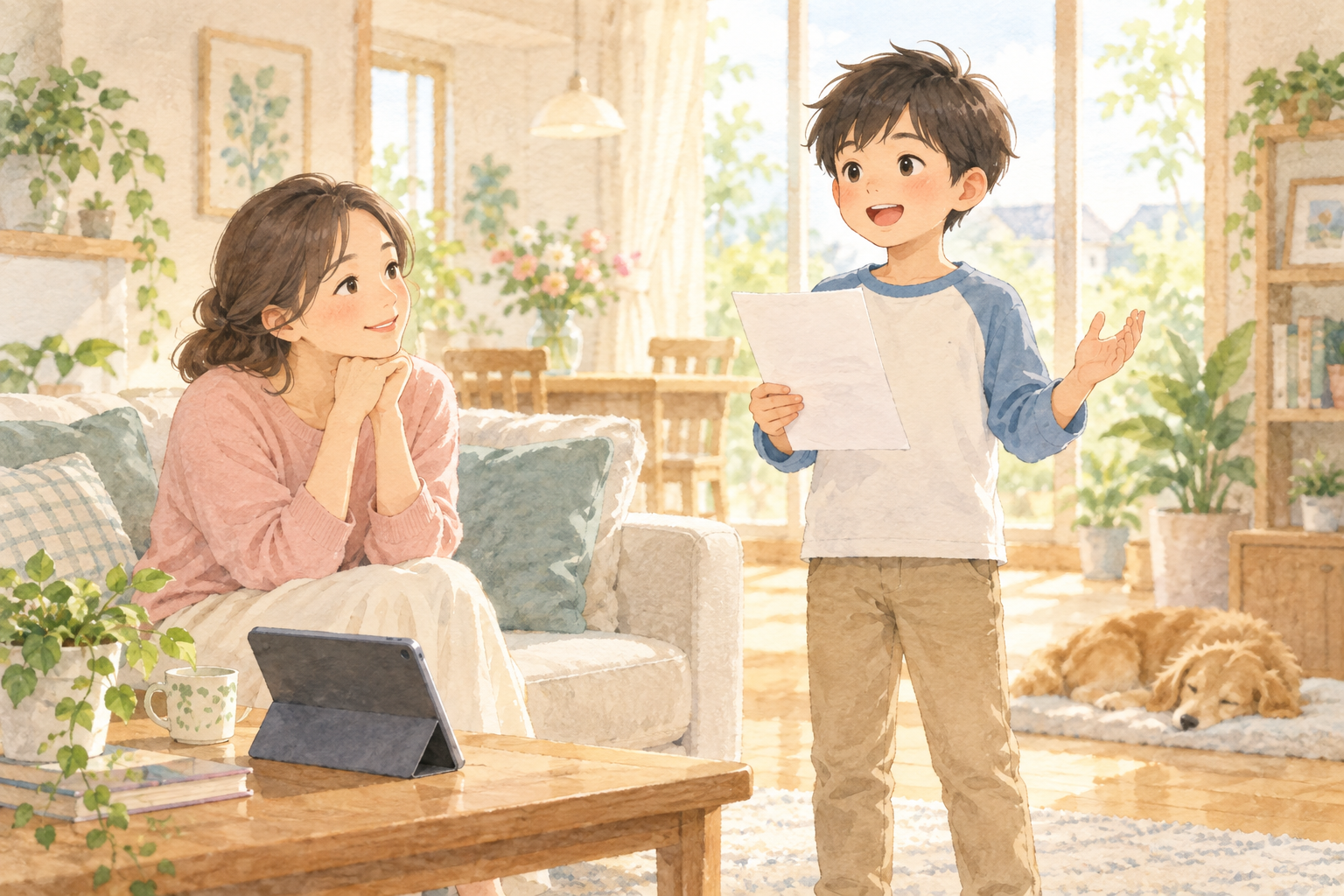 家庭で子どもが発表の練習をするイラスト