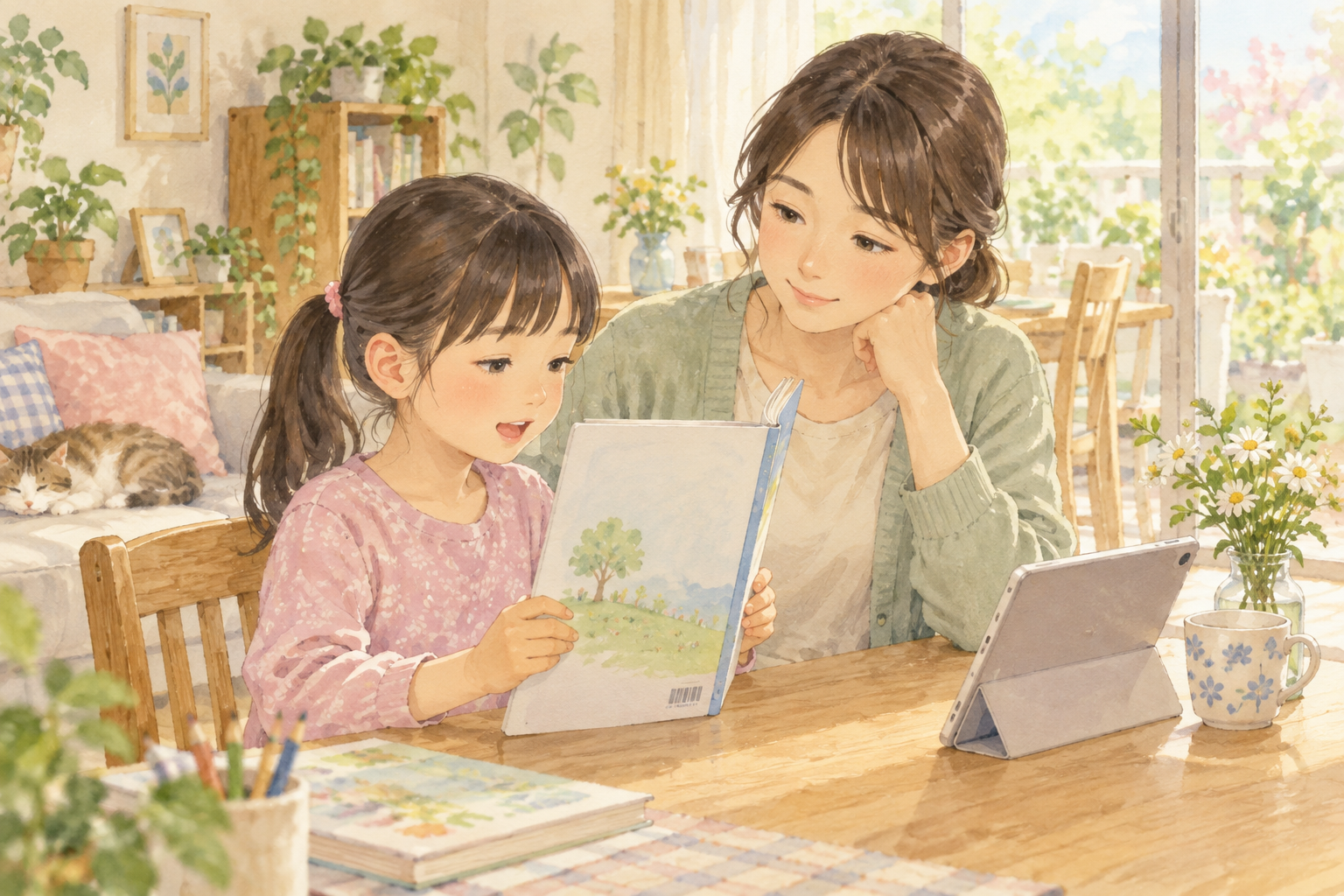 子どもが国語の本を音読し、保護者が見守るイラスト